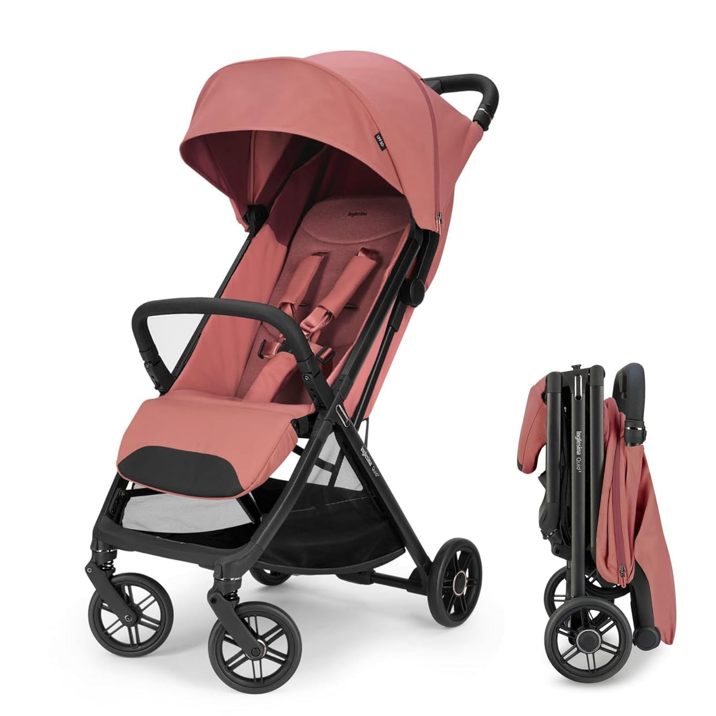 Inglesina Quid³ Stroller, Aurora Pink - Compact Reclining Travel Stroller for Baby & Toddler 0-55 lbs, One Hand fold, Airplane Overhead, Lightweight, Foldable, XL UPF 50+ Canopy