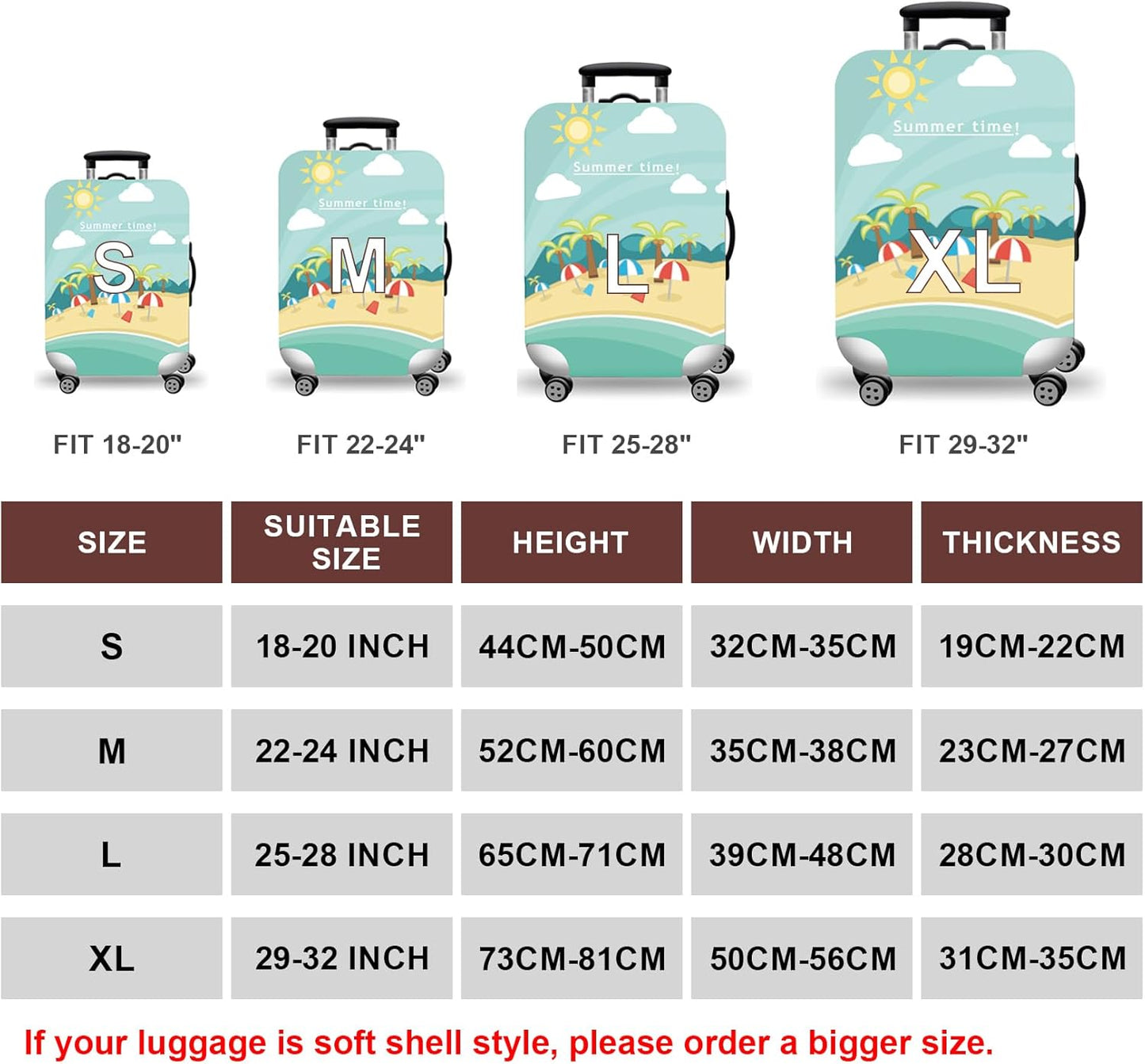 WUJIAONIAO Travel Luggage Cover Baggage Suitcase Cover Protector Skins 18-32 Inch (Beach, XL (for 29-32 inch luggage))