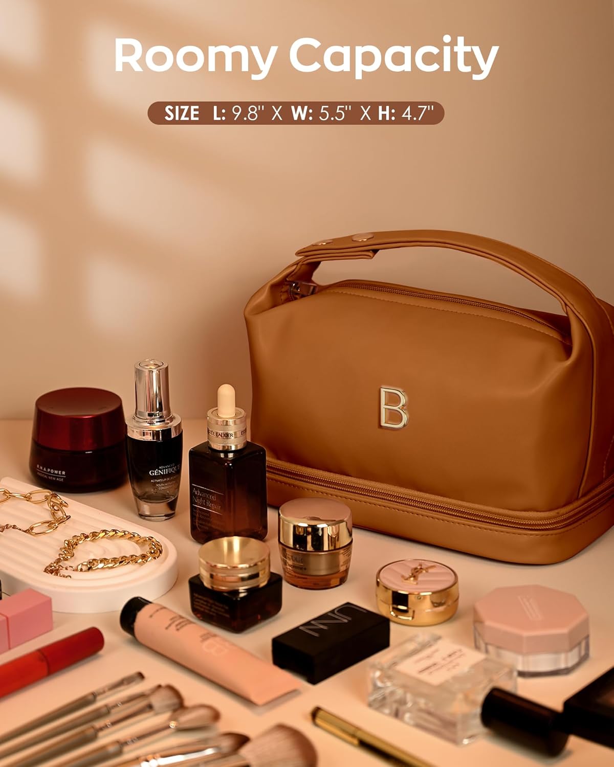 Gifts for 13 14 15 16 17 18 Year Old Girls, Makeup Bags with Handle, Initial Double Layer Cosmetic Bag with Makeup Brush Organizer, Cute Cosmetic Pouch for Women, Gifts for Friends Female Mom