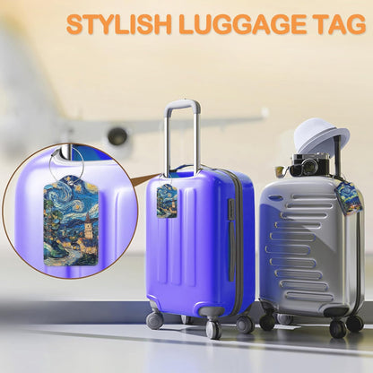 Starry Night Swirl 3 Pack PU Leahter Luggage Tag with Stainless Steel Loop, Retro Style Starry Village Travel Suitcase Labels with Privacy Cover ID Label Quickly Spot for Bags