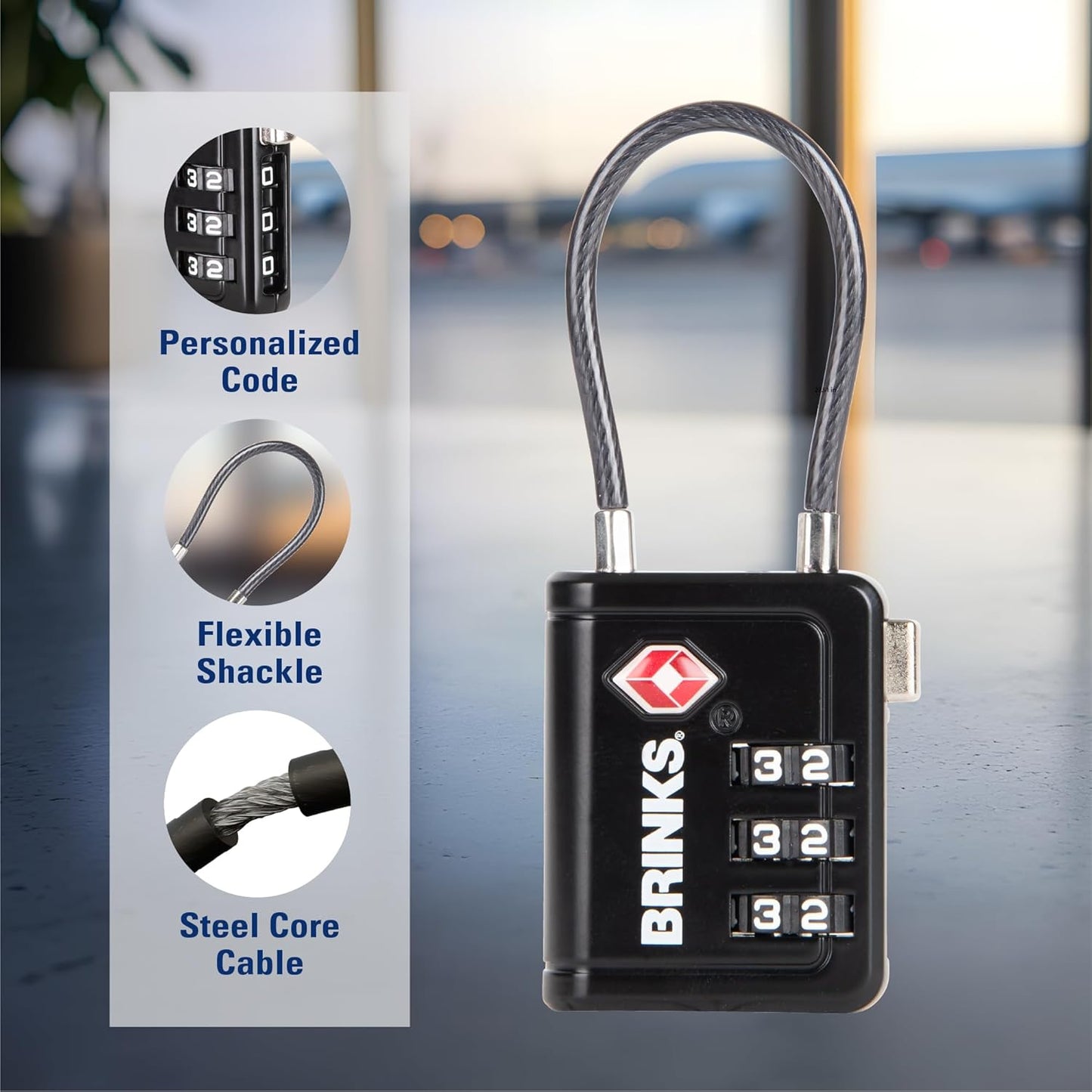 Brinks TSA Accepted Indicator Luggage Lock, Black - Resettable 3-Dial Combination, 1.5 inch Long Cable Shackle, New More Secure TSA008 Key, 2 Pack