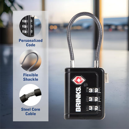 Brinks TSA Accepted Indicator Luggage Lock, Black - Resettable 3-Dial Combination, 1.5 inch Long Cable Shackle, New More Secure TSA008 Key, 2 Pack