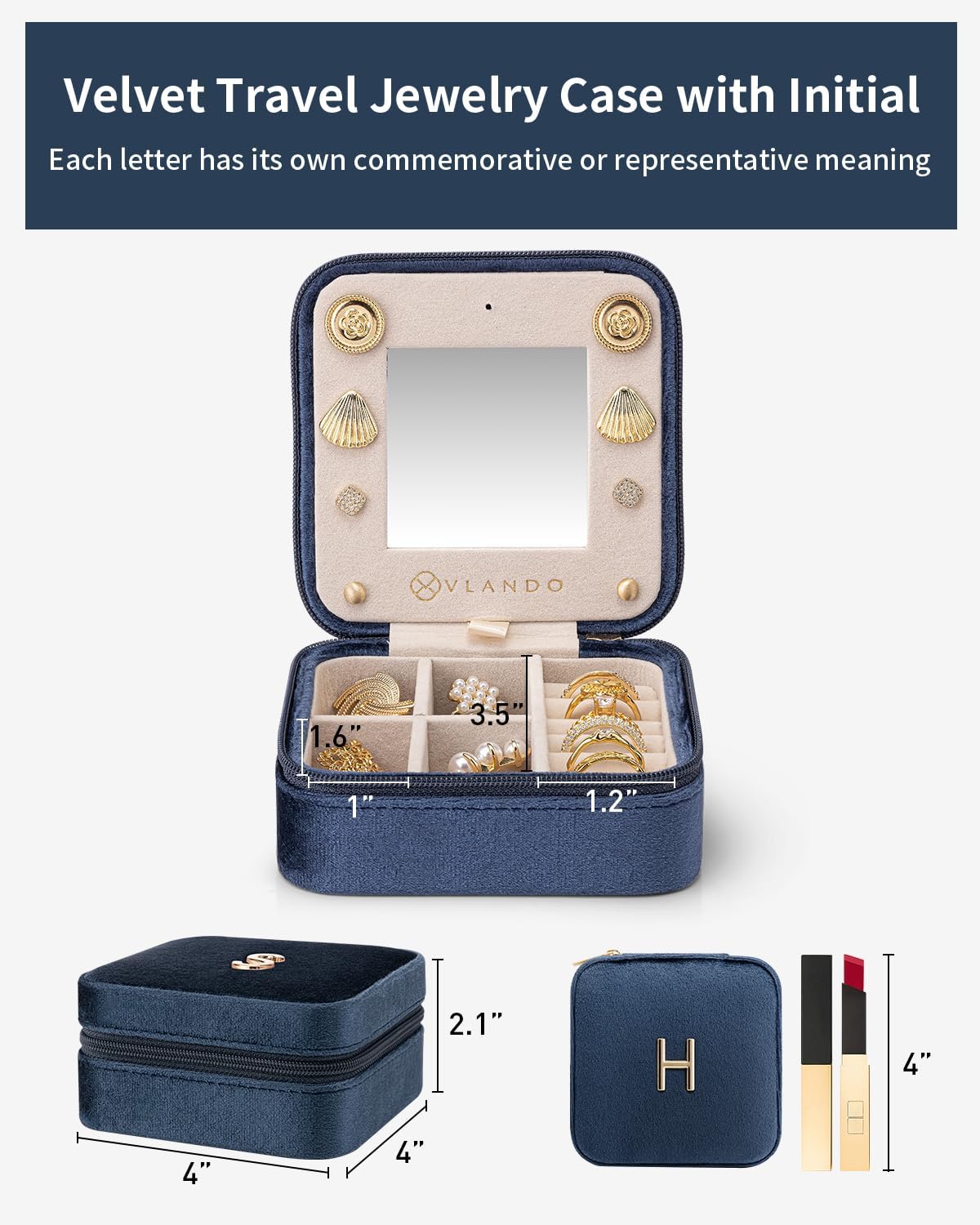 Vlando Jewelry Case for Girls Womens Fashion, Pink Jewelry Box Travel Must Haves, Jewelry Box for Girls, Small Travel Jewelry Case Birthday Gifts for Travel Gifts for Women - Letter H, Dark Blue