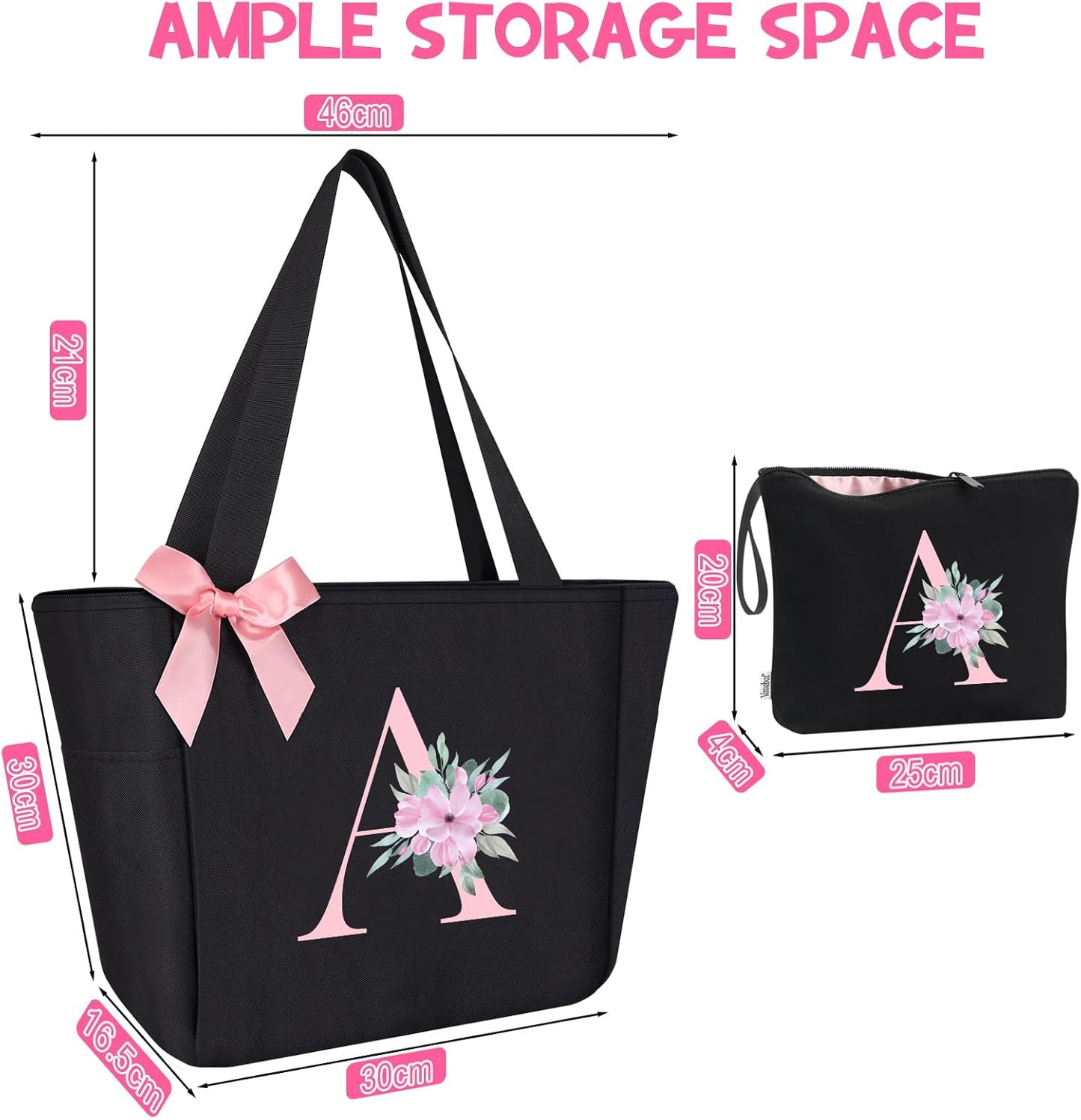 Vavabox Tote Bag, A-Z Initial Monogrammed Waterproof Tote Bag, Bridesmaid Gifts for Women, Black and Pink