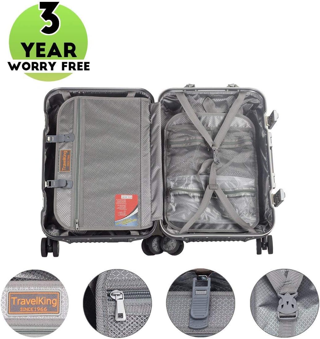 TRAVELKING All Aluminum Carry On Luggage with TSA Locks Fashion Cool Metal Hard Shell Spinner Suitcase (Grey, 20 Inch)