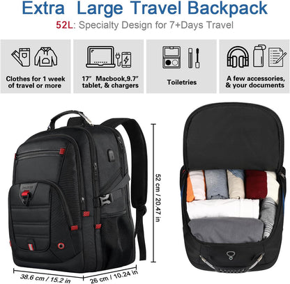 Z-MGKISS Extra Large Travel Backpack, 52L TSA Backpack 17.3 Inch, Anti-Theft 17 Inch Big Business Laptop Backpack for Men & Women, Water Resistant College Rucksack Bag with USB Port, Black