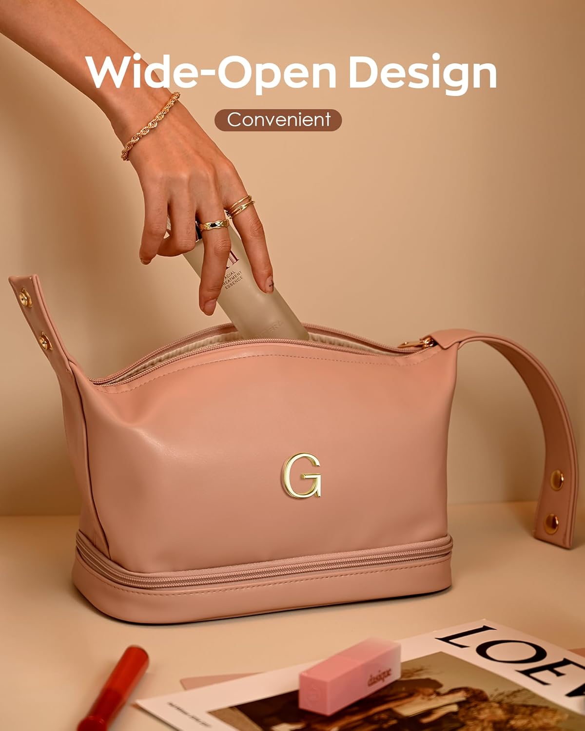 Makeup Bag Personalized Bags with Handle, Waterproof Double Layer Cosmetic Bag, Large Capacity PU Leather Makeup Bags Letter Travel Toiletry Bag with Makeup Brush Organizer