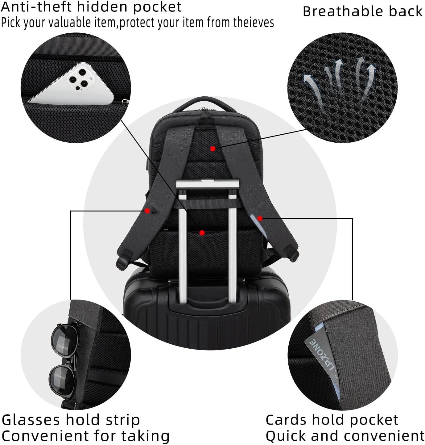 DUSLANG 17 Inch Laptop Backpack for Travel Water Resistant College Backpack for Men/Women Laptop Bag with USB Charging Port and Red Hat Metal America Back MAGA Cap Keychain for Backpack, Black