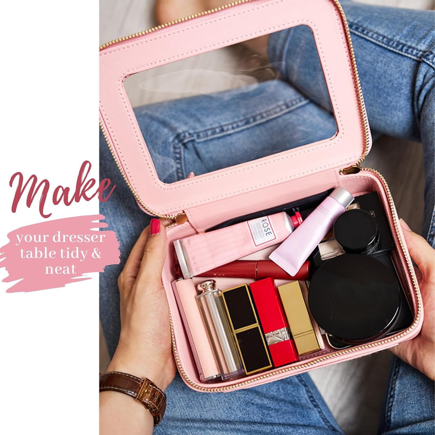 Aveniee Clear Makeup Bag Organizer Set,Portable Travel Toiletry Case for Women, Vegan Leather Cosmetic Pouch Car Bag for Essentials 2pcs,Middle & Large,Pink