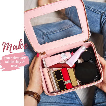 Aveniee Clear Makeup Bag Organizer Set,Portable Travel Toiletry Case for Women, Vegan Leather Cosmetic Pouch Car Bag for Essentials 2pcs,Middle & Large,Pink