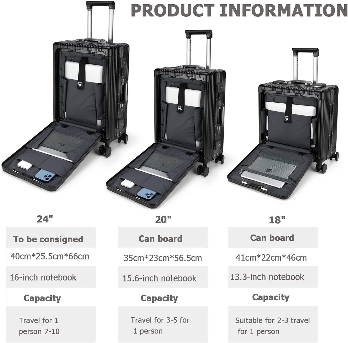 feilario 24in Aluminium Frame PC Hard Shell Spinner Wheels Luggage, Built-In TSA lock Carry on Suitcase, with Cup Holder, USB Port, Phone Holder ﻿