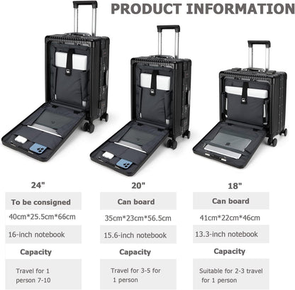 feilario 24in Aluminium Frame PC Hard Shell Spinner Wheels Luggage, Built-In TSA lock Carry on Suitcase, with Cup Holder, USB Port, Phone Holder ﻿