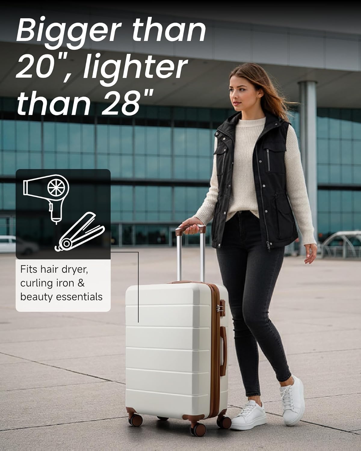 24 Inch Luggage with Spinner Wheels, Expandable Hardside Medium Checked Suitcase, White Brown