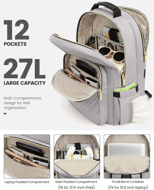 LOVEVOOK Laptop Backpack Purse for Women, Work Travel Computer Bags, College School Backpack for Student Girl, Quilted Casual Daypack with USB Port, Fit 15.6 Inch Laptop, Grey