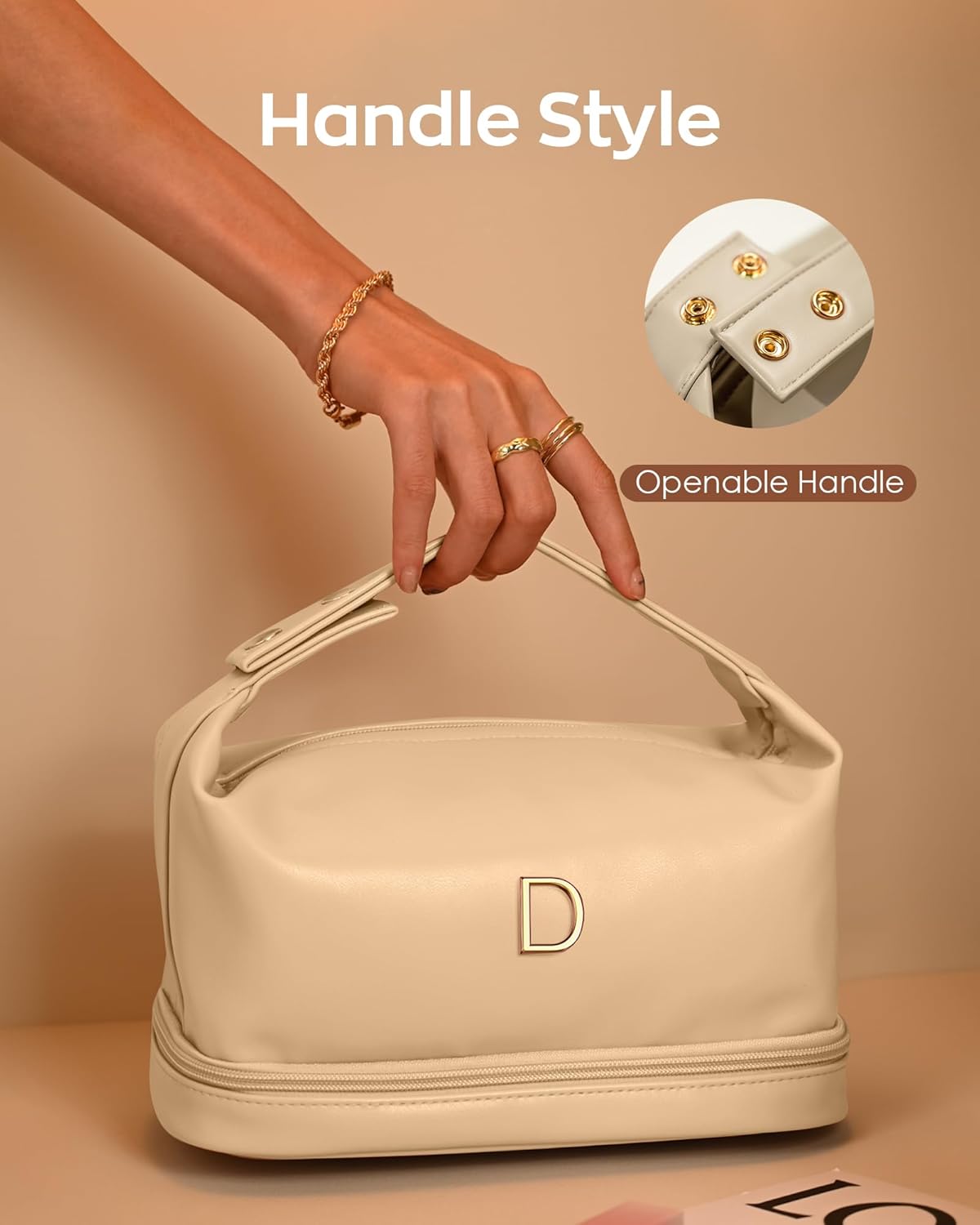 Gifts for Female, Personalized Makeup Bags with Handle, Waterproof Double Layer Cosmetic Bag, Large Capacity PU Leather Makeup Bags Letter Travel Toiletry Bag with Makeup Brush Organizer