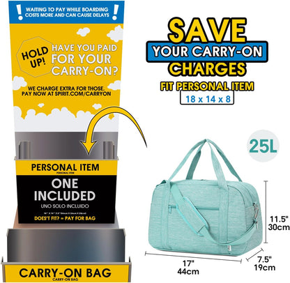 Narwey 18" Carry on Bag Underseat for Airplane with Wet Pocket Spirit Airlines Personal Item Bag Travel Duffel Bag Small Gym Bag Weekender Overnight for Women and Men (Mint Green)