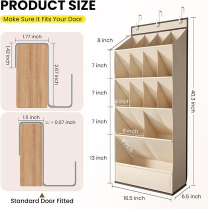 Over the Door Shoe Organizer for Closet, Shoes Rack for Closet with 15 Large Pockets, Hanging Shoe Organizers for Boot Storage, Behind the Door Narrow Shoe Holder for Small Shoes, Beige