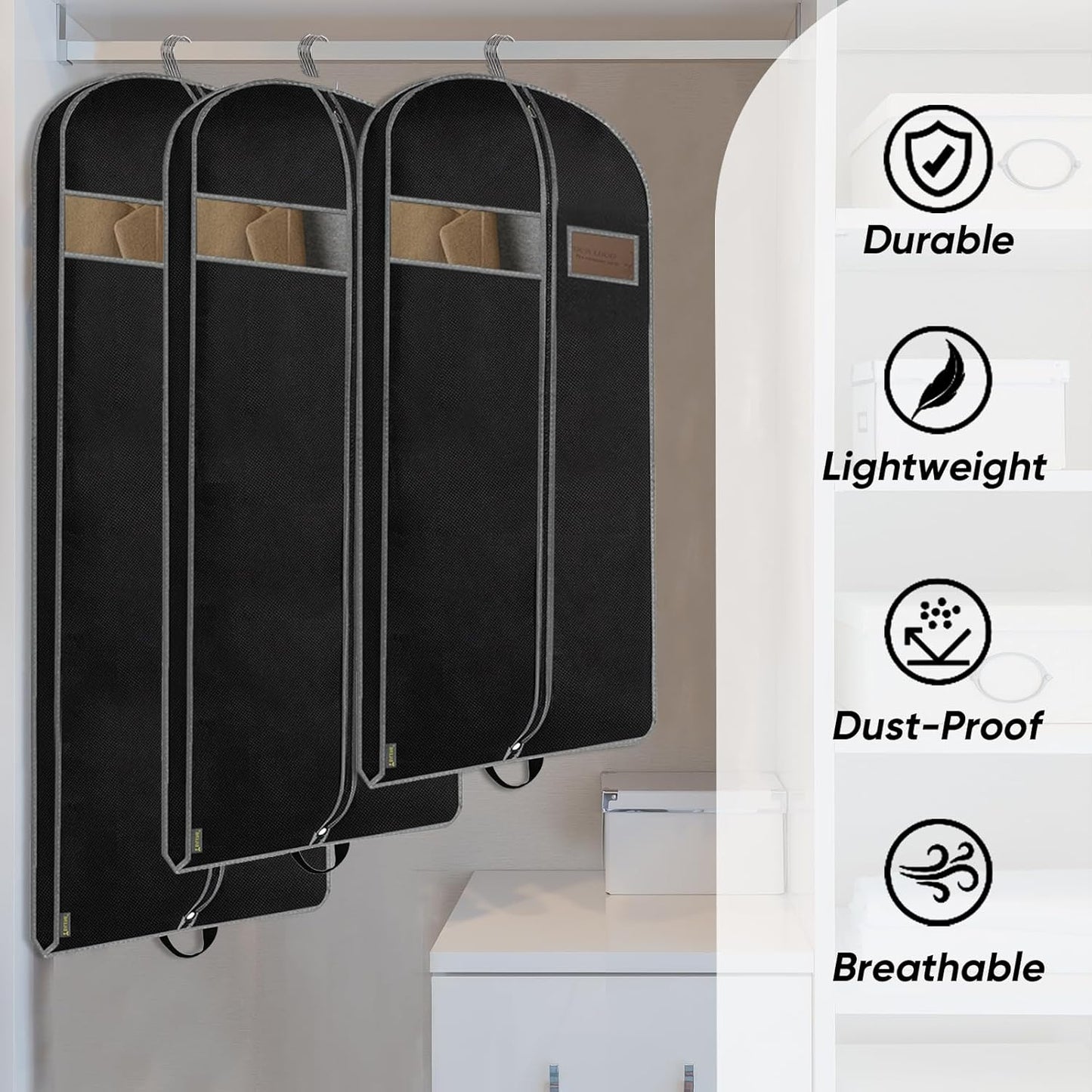 BALEINE 2PK Heavy Duty Garment Bag with Shoe Storage Travel Bag for Dresses, Suit, Coats Travel Essential (60", Black)