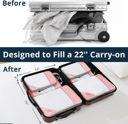 Compression Packing Cubes 6 Set, Compressible Space-Saving Packing Cubes for Travel - Compression Bags, Luggage Organizer, Travel Essentials for Women, Pink
