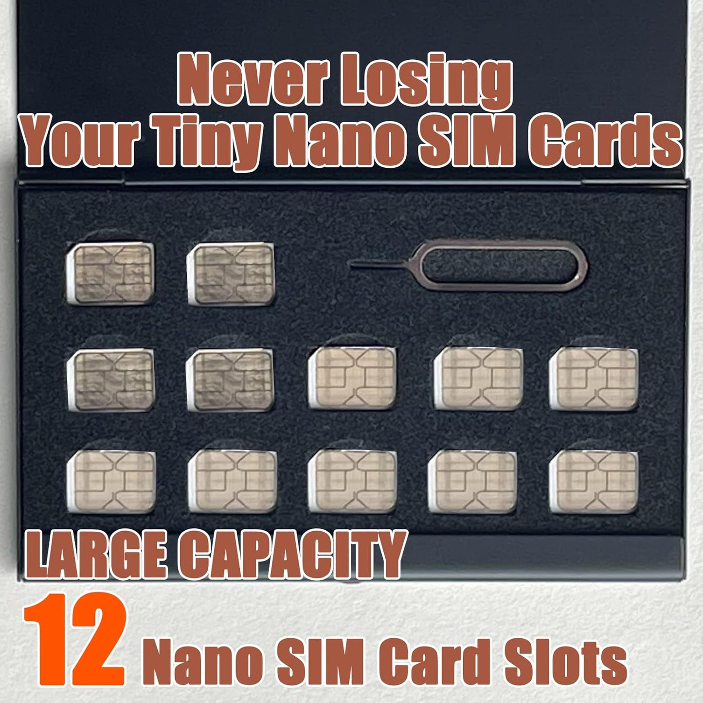 Aluminum SIM Card Case, 12 Slots Ultrathin Nano SIM Card Holder with SIM Card Adapter Kit for Travelers or Holiday Trip (Black)