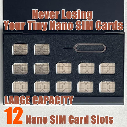 Aluminum SIM Card Case, 12 Slots Ultrathin Nano SIM Card Holder with SIM Card Adapter Kit for Travelers or Holiday Trip (Black)