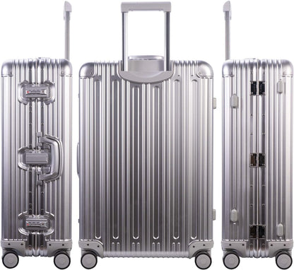 TRAVELKING All Aluminum Luggage Zipperless Hard Shell Suitcase with TSA Lock Spinner Wheels Lightweight Metal Alloy Suitcases (Silver, 28 inch)