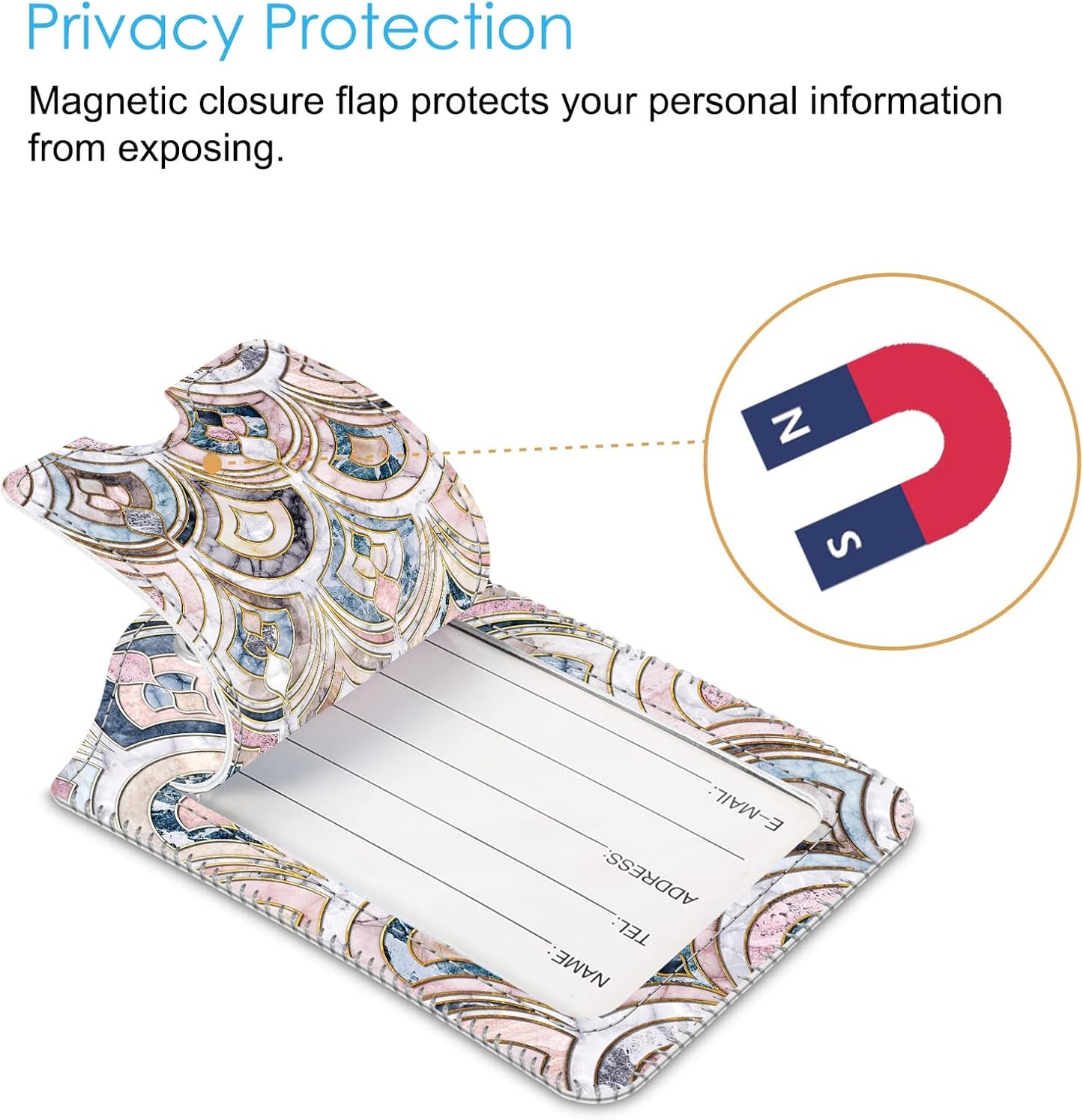Fintie Luggage Tags, Privacy Cover ID Label with Stainless Steel Loop and Address Card for Travel Bag Suitcase - Marble Tiles (2 Piece)