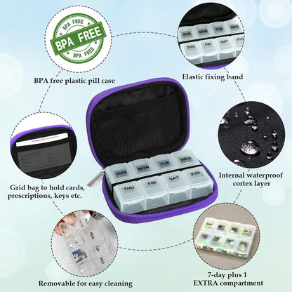 Serfeymi Weekly Travel Pill Organizer Pill Case for Purse with Removable 7 Day Pill Box, Fashionable Travel Medicine Organizer Pill Container for Medicine, Vitamin, Supplement - Bloom 01 + Purple 01