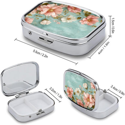 Metal 2 Compartment Pill Organizer Travel Friendly Portable Compact Pill Box Cute Pill Case,for Pocket Wallets Daily Portable Medicine Vitamin Tablet Storage (Flowers)