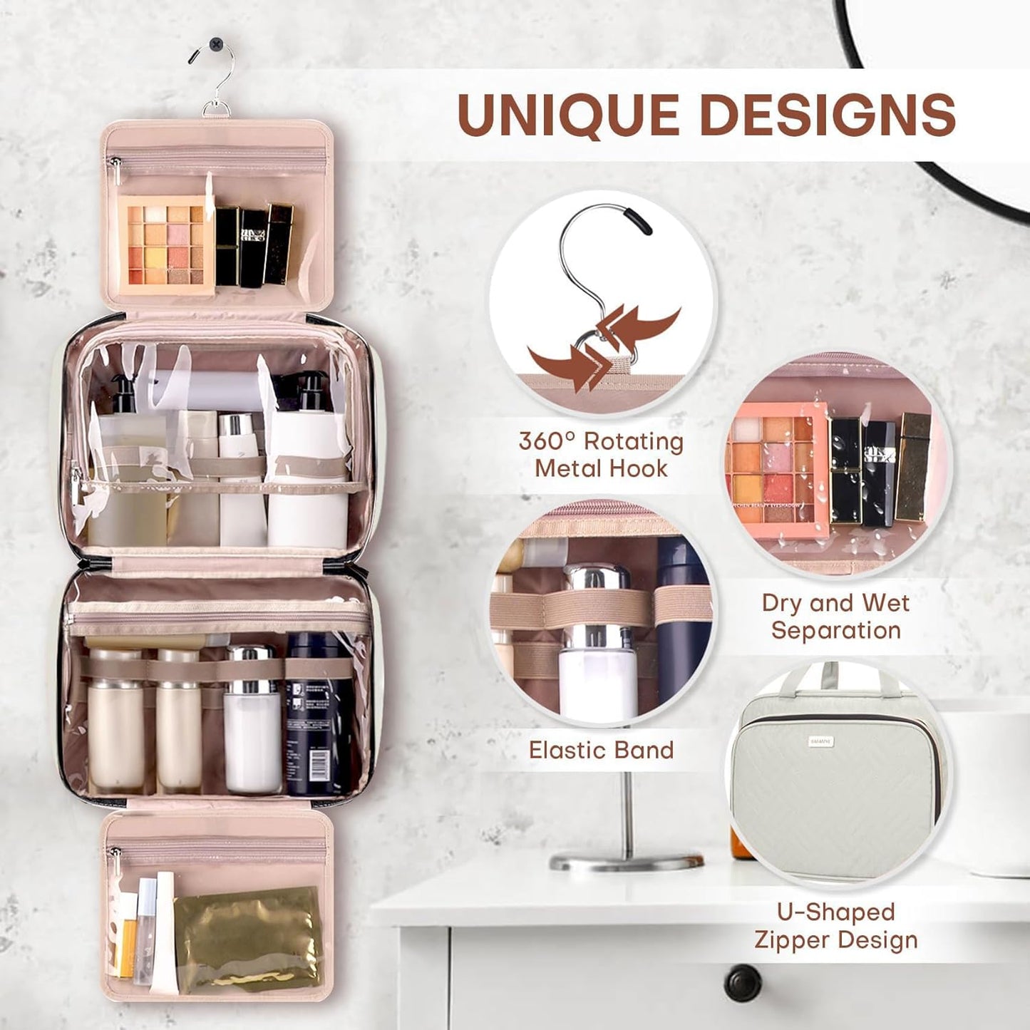 Toiletry Bag for Women with Jewelry Organizer Compartment, Travel Makeup Cosmetic Bag with Hanging Hook for Full-sized Toiletries, Shampoo - Beige