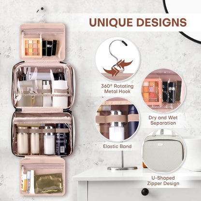 Toiletry Bag for Women with Jewelry Organizer Compartment, Travel Makeup Cosmetic Bag with Hanging Hook for Full-sized Toiletries, Shampoo - Beige