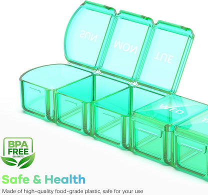 Extra Large Pill Organizer 2 Pack, XL Pill Box 7 Day, Weekly Pill Case with Large Capacity, Jumbo Organizer, BPA Free (Blue+Green)