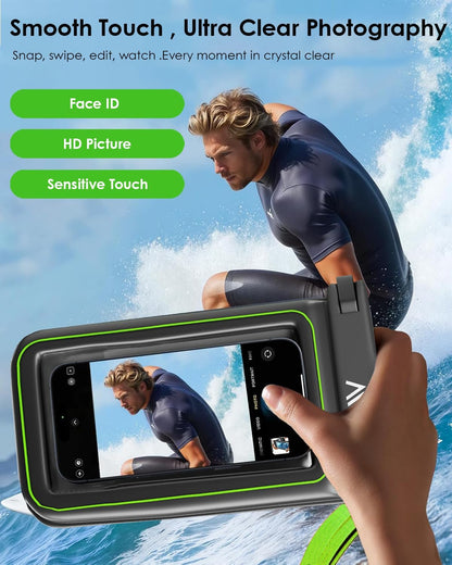 【2025 Upgraded】 2 Pack Black - IP68 Waterproof Phone Pouch Floating Design No Sink Waterproof Phone Case - Beach Pool Travel Essentials - Works w/All Phones - Detachable Lanyard - Black/Hi-Vis Green