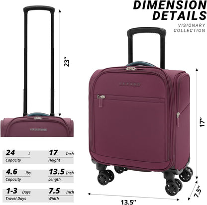 Verage Under Seat Luggage with Wheels, Softside Small Suitcase Spinner Carry On Luggage Bags for Airlines Airplanes Short Trip Men Women (Grape red, 14.5-Inch Plus Underseat)