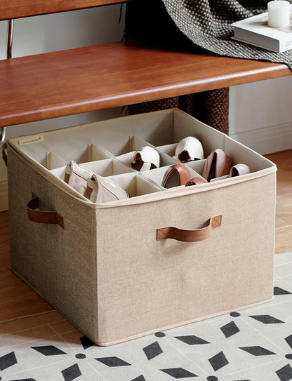 StorageWorks Shoe Organizer for Closet, Fits up to 16 Pairs, Shoe Cubby Storage Containers with Adjustable Dividers and Clear Cover, Mixing of Brown & Beige