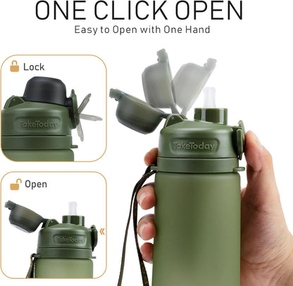 TakeToday Collapsible Water Bottles 20oz, Leak Proof, BPA-Free, Foldable Silicone Travel Water Bottle with Straw Strap for Cycling, Hiking, Outdoors