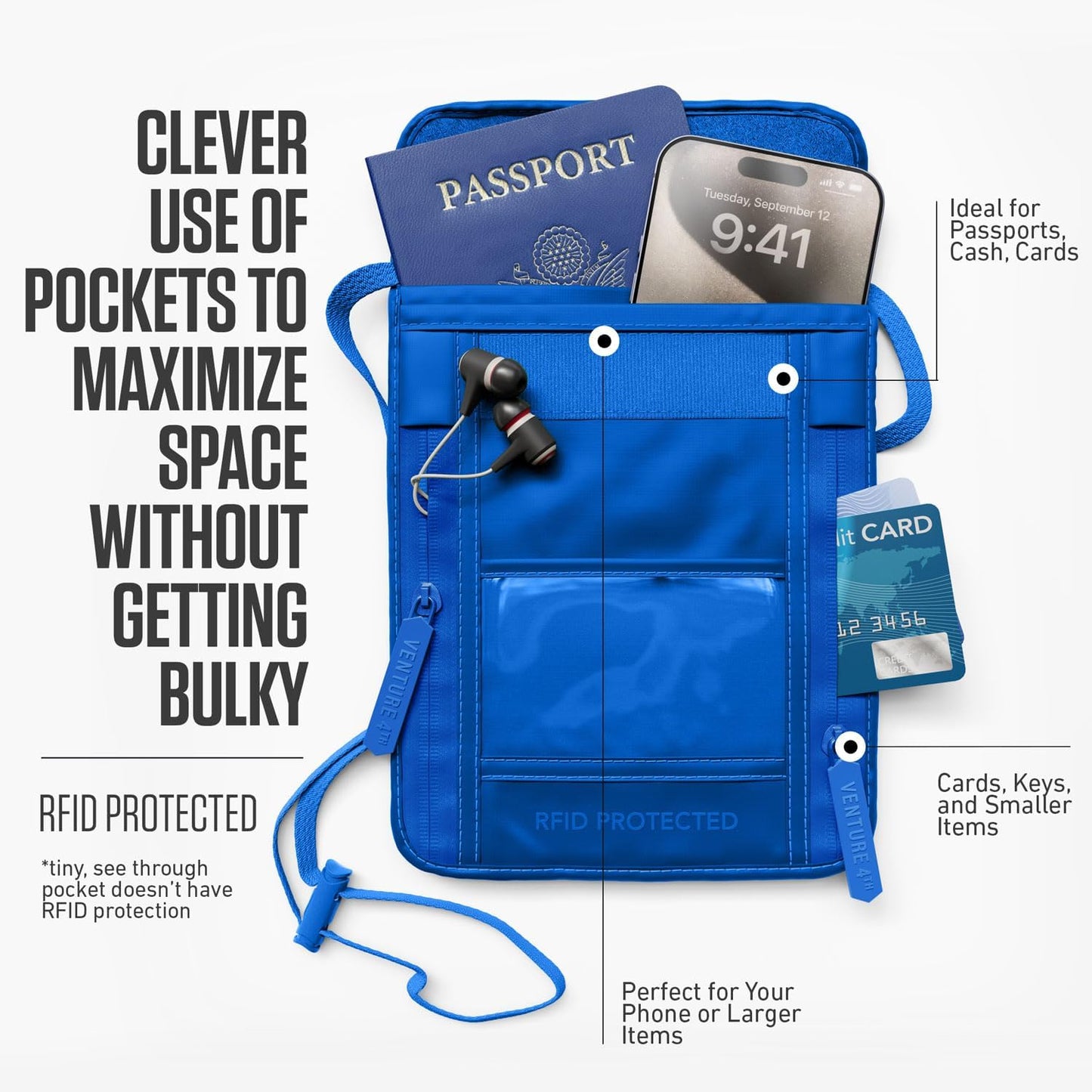VENTURE 4TH Passport Holder Neck Wallet with RFID Blocking Nylon Lining - Hidden Neck Pouch for Travel (Sleek Blue)