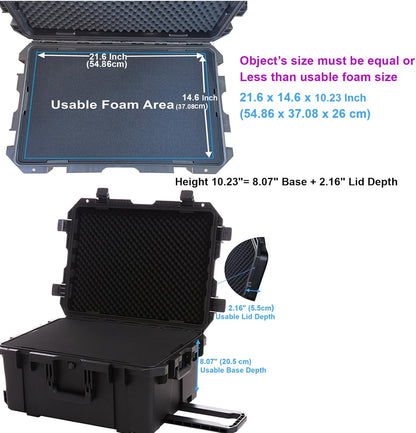 Waterproof Hard Case,27 x 20 x 13 Inch, Equipment Rolling Hard Case with Foam/Wheels/Retractable Handle for camera, Drone,tool, electronics,Shockproof, TSA Friendly, Inner 21.6"X 14.6"X10.2"