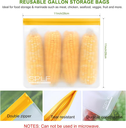 SPLF 6 Pack Reusable Gallon Freezer Bags Dishwasher Safe, BPA Free 1 gallon Leakproof Silicone and Plastic Free Food Storage Bags for Meal Prep, Fruits, Sandwich, Snack, Travel Items - Muticolor