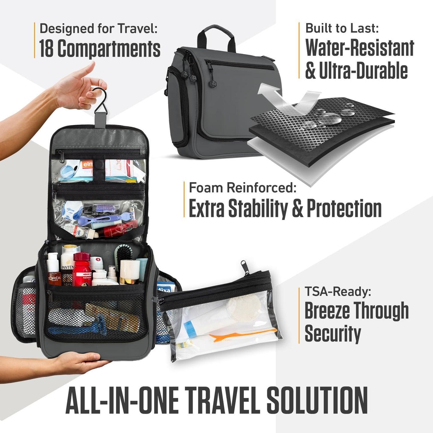 VENTURE 4TH Hanging Travel Toiletry Bag for Women & Men - Travel Organizer with Expandable Compartments & Removable Clear Pouch for Toiletries (Shadow Gray)