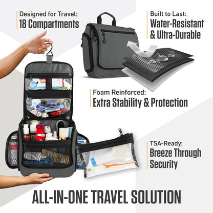 VENTURE 4TH Hanging Travel Toiletry Bag for Women & Men - Travel Organizer with Expandable Compartments & Removable Clear Pouch for Toiletries (Shadow Gray)