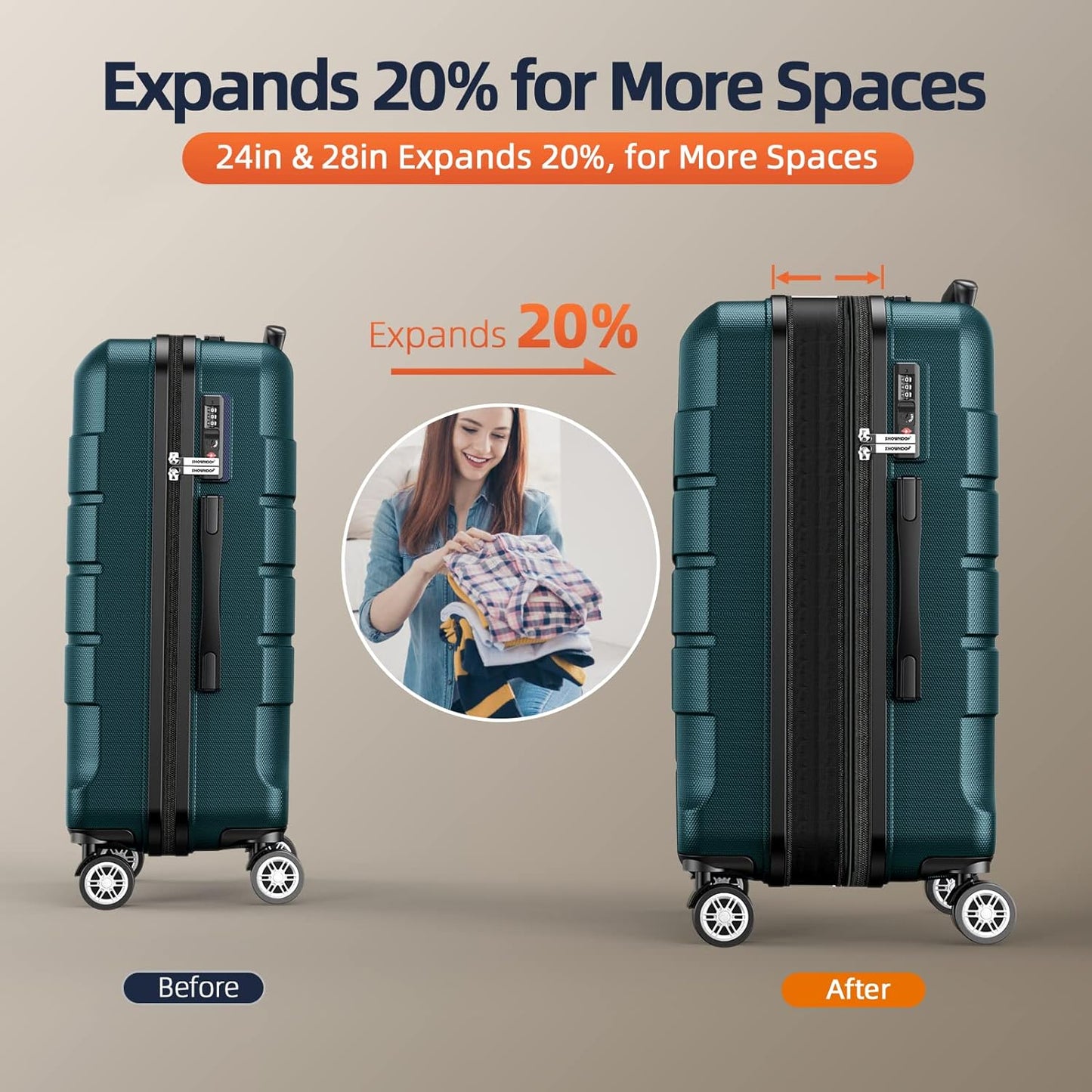 SHOWKOO Luggage Sets Expandable Suitcase Double Wheels TSA Lock (ArmyGreen)