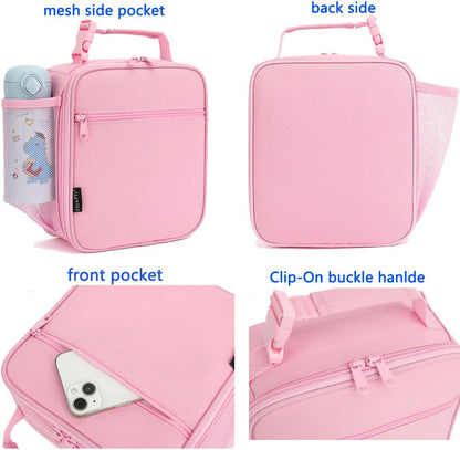 FlowFly Kids Lunch box Insulated Soft Bag Mini Cooler Back to School Thermal Meal Tote Kit for Girls, Boys, Pink