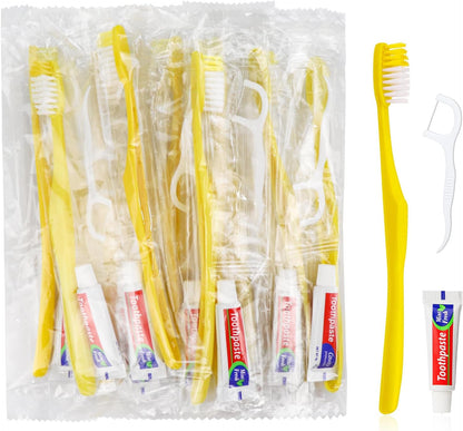 30pcs Disposable Toothbrushes with Toothpaste and Floss,Yellow Bulk Single Use Toothbrush Floss Pick Individually Wrapped Disposable Travel Toothbrushes Kit for Homeless,Airbnb,Hotel,Guest