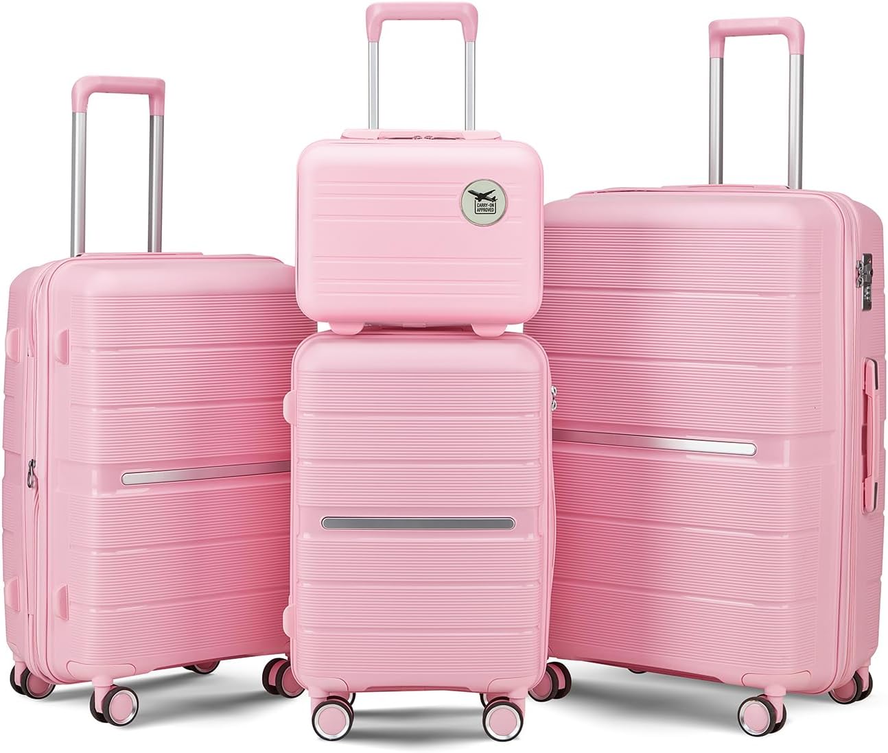Campfun Luggage 4 Piece Sets, Expandable Carry On Luggage Set Hardshell PP, Suitcase Set with Double Spinner Wheels, Checked Durable Lightweight with TSA Lock, 14in 20in 24in 28in-Pink(A)