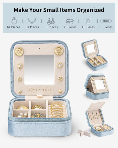 Vlando Velvet Travel Jewelry Case, Jewelry Travel Box for Women, Travel Jewelry Organizer, Small, Portable Jewelry Boxes with Mirror - Blue