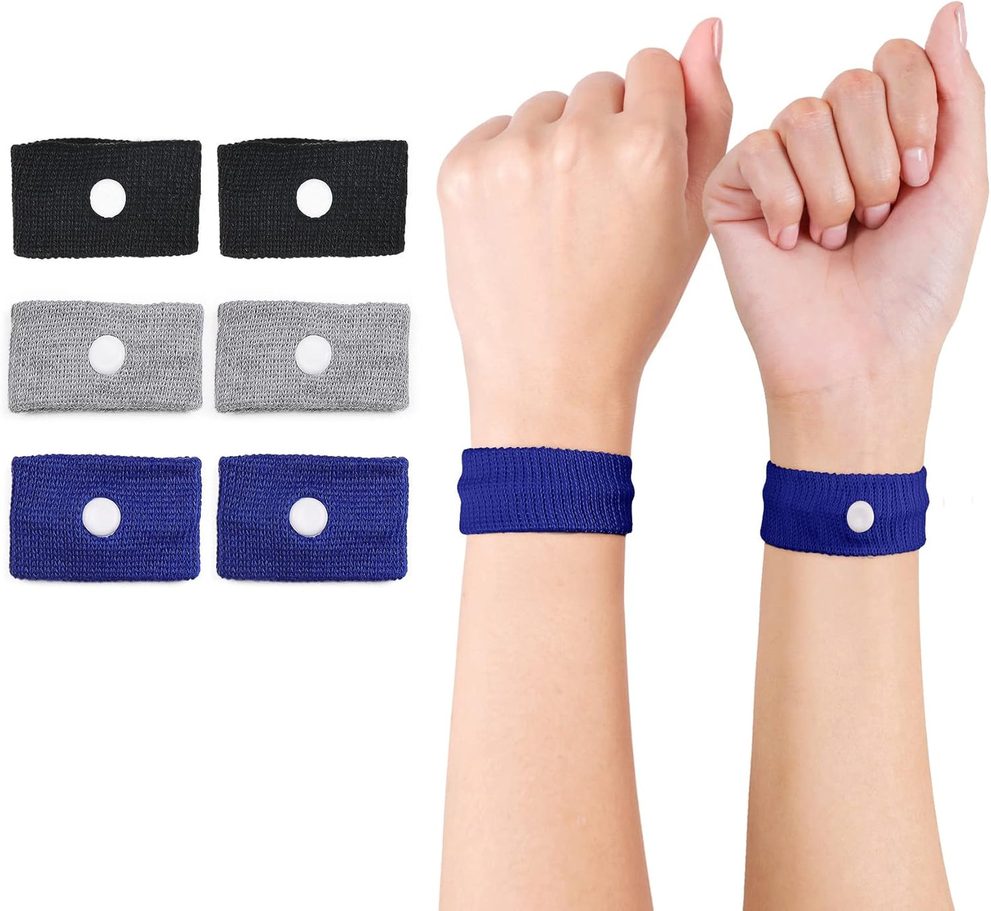 Cozyhealth Motion Sickness Wristband, Anti-Nausea Acupressure Wrist Band for Nausea Relief, Dizziness and Vomiting from Car Boat Flying Travel Sickness (Black/Grey/Dark Blue, 3 Pairs)