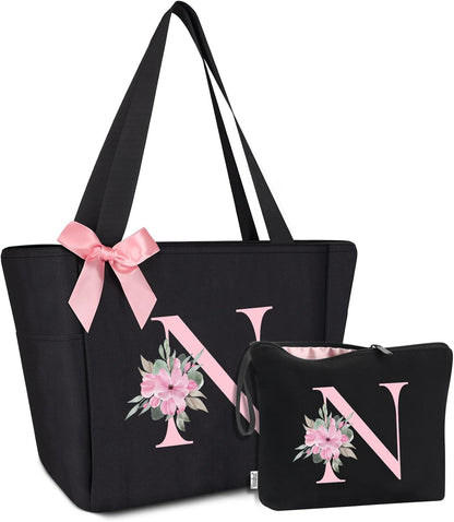 Vavabox Tote Bag, A-Z Initial Monogrammed Waterproof Tote Bag, Bridesmaid Gifts for Women, Black and Pink
