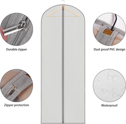 Zilink 3 Pack 65" Long Clear Dress Bags for Gowns, Coats, Jackets - Gray, Breathable, Zipper Closure