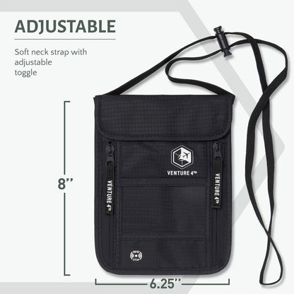 VENTURE 4TH Passport Holder Neck Wallet with RFID Blocking Nylon Lining - Hidden Neck Pouch for Travel (Pure Black)